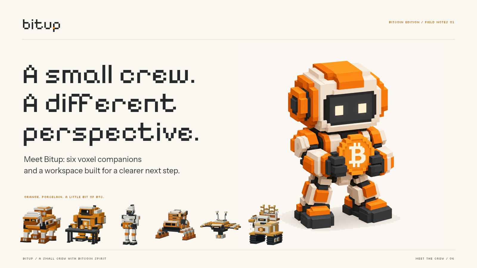 Bitup’s orange-and-ivory voxel agents in their Bitcoin-inspired workshop