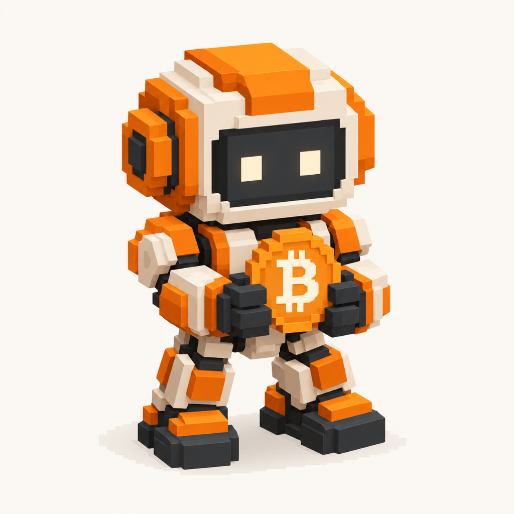 The approved orange-and-ivory Bitup robot holding a Bitcoin coin